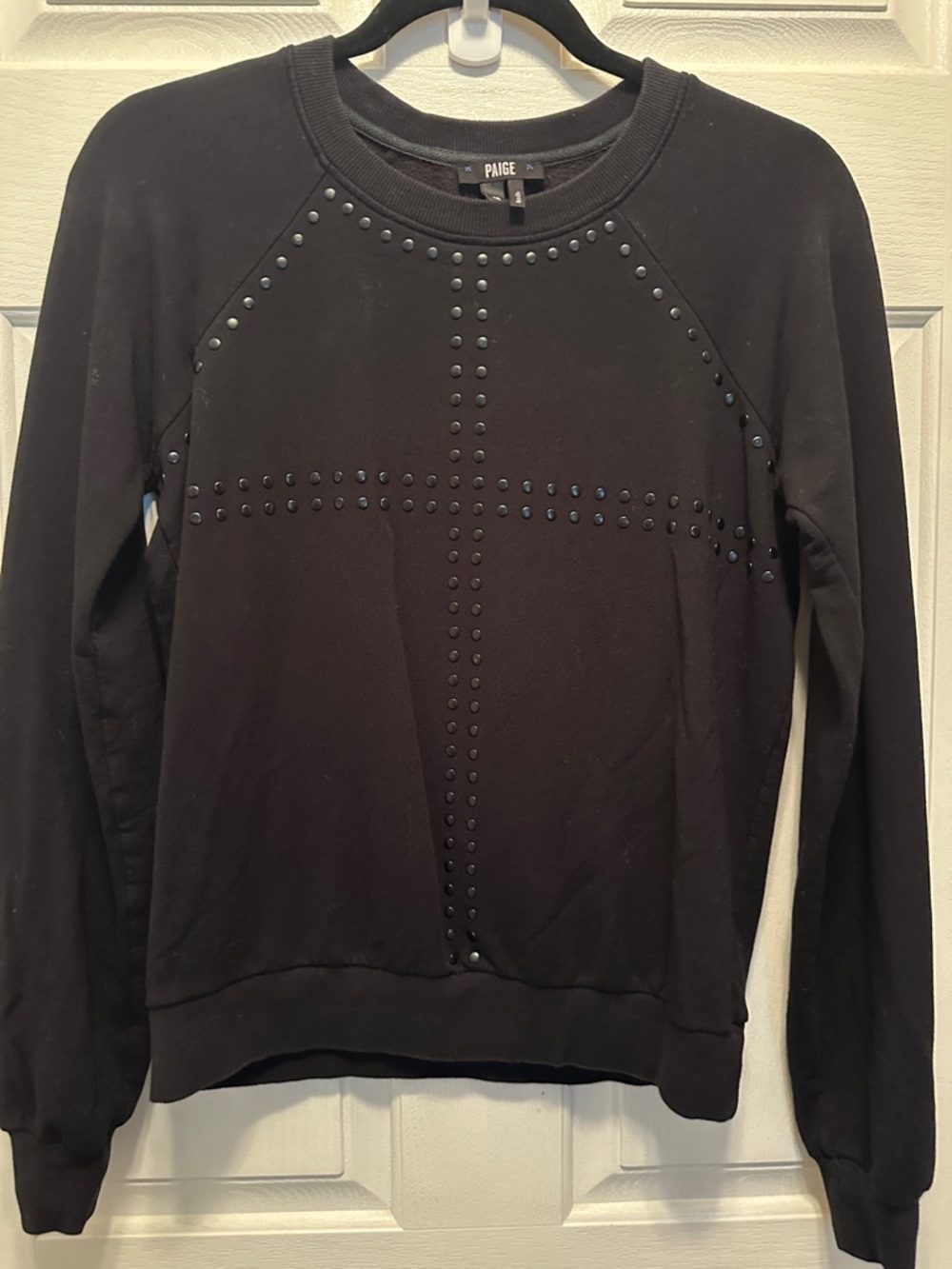 PAIGE Black Crewneck Sweater with Stud Cross Detail Super Soft Size XS